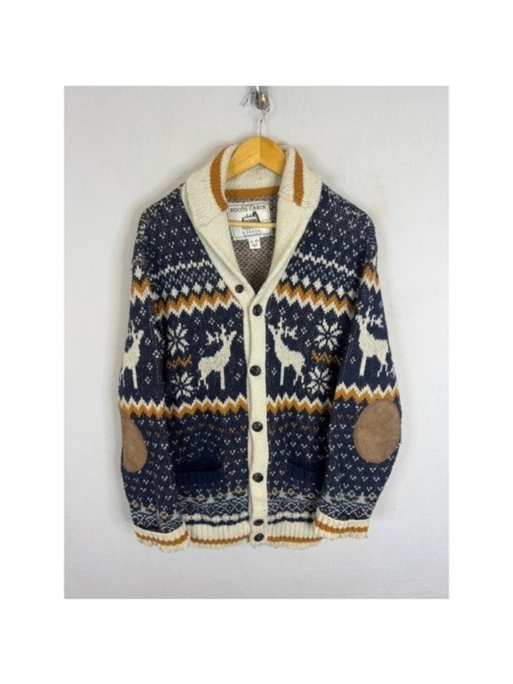 Roots Cabin Canada Reindeer Fair Isle Shawl Collar Cardigan Navy Blue Mens Large